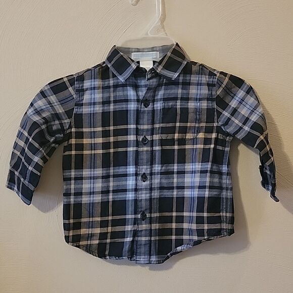 JANIE AND JACK BLUE AND TAN PLAID DRESS SHIRT, SIZE 12-18 MONTHS - Picture 1 of 4